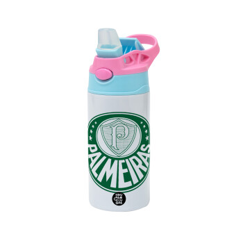 Palmeiras, Children's hot water bottle, stainless steel, with safety straw, Pink/BlueCiel (360ml) BPA FREE