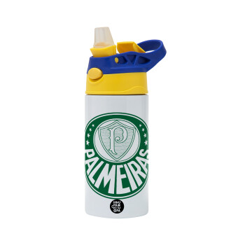 Palmeiras, Children's hot water bottle, stainless steel, with safety straw, green, blue (360ml) BPA FREE