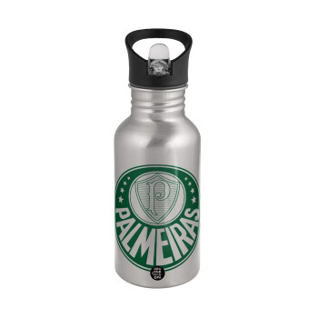 Palmeiras, Water bottle Silver with straw, stainless steel 500ml