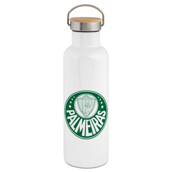 Palmeiras, Μεταλλικό παγούρι θερμός (Stainless steel) Λευκό με ξύλινο καπακι (bamboo), διπλού τοιχώματος, 750ml