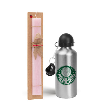 Palmeiras, Easter Set, metallic Silver aluminum water bottle (500ml) & scented flat Easter candle (30cm) (PINK)