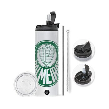 Palmeiras, Travel Tumbler 2 Lids, with metal straw & cleaning brush (Stainless steel 304 Food grade, BPA free, 600ml)