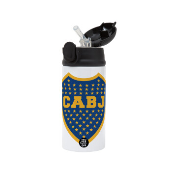 Club Atlético Boca Juniors, Children's hot water bottle, stainless steel, with safety straw, Black (360ml) BPA-FREE