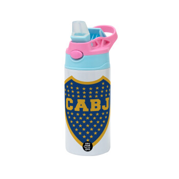 Club Atlético Boca Juniors, Children's hot water bottle, stainless steel, with safety straw, Pink/BlueCiel (360ml) BPA FREE