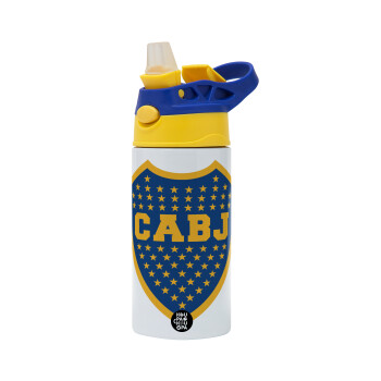 Club Atlético Boca Juniors, Children's hot water bottle, stainless steel, with safety straw, green, blue (360ml) BPA FREE