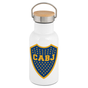 Club Atlético Boca Juniors, Μεταλλικό παγούρι θερμός (Stainless steel) Λευκό με ξύλινο καπακι (bamboo), διπλού τοιχώματος, 350ml