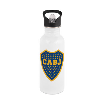 Club Atlético Boca Juniors, White water bottle with straw, stainless steel 600ml