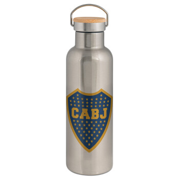 Club Atlético Boca Juniors, Μεταλλικό παγούρι θερμός (Stainless steel) Ασημένιο με ξύλινο καπακι (bamboo), διπλού τοιχώματος, 750ml