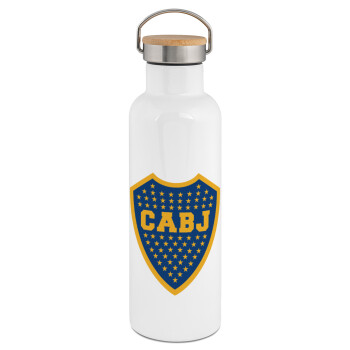 Club Atlético Boca Juniors, Stainless steel White with wooden lid (bamboo), double wall, 750ml