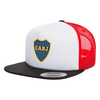 Club Atlético Boca Juniors, Adult Foam Flat Snapback with Mesh Black-White-Red (POLYESTER, ADULT, UNISEX, ONE SIZE)