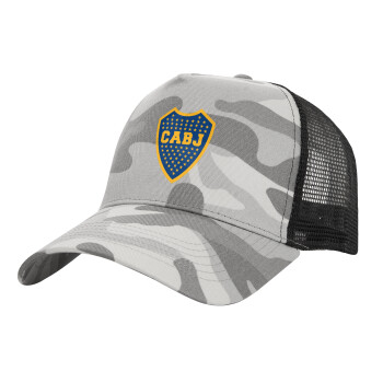 Club Atlético Boca Juniors, Adult Structured Trucker Hat, with Mesh, (Camouflage) Army Camo (100% COTTON, ADULT, UNISEX, ONE SIZE)