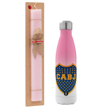 Club Atlético Boca Juniors, Easter Set, Metallic pink/white (Stainless steel) thermos, double-walled, 500ml & aromatic flat Easter candle (30cm) (PINK)