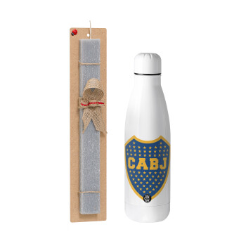 Club Atlético Boca Juniors, Easter Set, metallic stainless thermos bottle (500ml) & scented flat Easter candle (30cm) (GRAY)