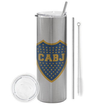 Club Atlético Boca Juniors, Eco friendly stainless steel Silver tumbler 600ml, with metal straw & cleaning brush