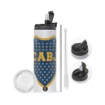 Club Atlético Boca Juniors, Travel Tumbler θερμό με διπλό καπάκι, μεταλλικό καλαμάκι και βούρτσα καθαρισμού (Ανωξείδωτο 304 Food grade, BPA free, 600ml)