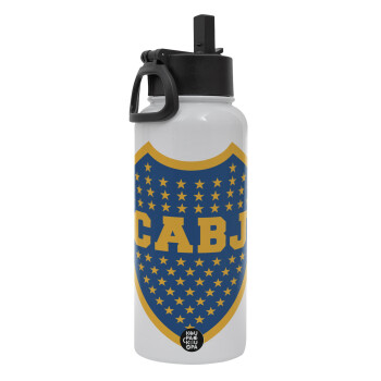 Club Atlético Boca Juniors, Metal mug thermo White with Straw and Spout Lid (Stainless steel), double wall, 950ml