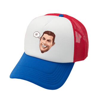 Cristiano Ronaldo, Adult Soft Trucker Hat with Red/Blue/White Mesh (POLYESTER, ADULT, UNISEX, ONE SIZE)