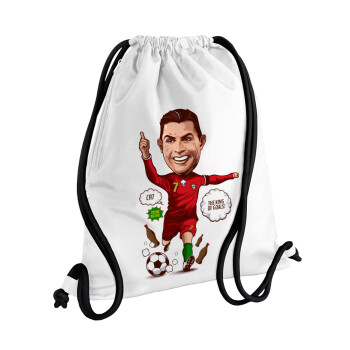 Cristiano Ronaldo, Τσάντα πλάτης πουγκί GYMBAG λευκή, με τσέπη (40x48cm) & χονδρά κορδόνια