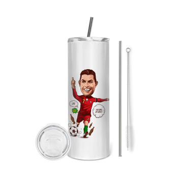 Cristiano Ronaldo, Tumbler ποτήρι θερμό από ανοξείδωτο ατσάλι 600ml, με μεταλλικό καλαμάκι & βούρτσα καθαρισμού