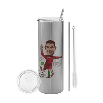 Cristiano Ronaldo, Eco friendly stainless steel Silver tumbler 600ml, with metal straw & cleaning brush