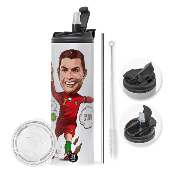 Cristiano Ronaldo, Travel Tumbler θερμό με διπλό καπάκι, μεταλλικό καλαμάκι και βούρτσα καθαρισμού (Ανωξείδωτο 304 Food grade, BPA free, 600ml)