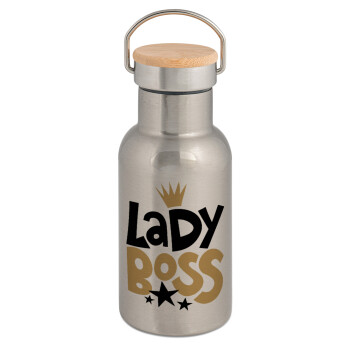 Lady Boss, Stainless steel metallic thermos flask, silver with a bamboo lid, double-walled, 350ml.