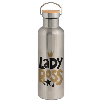 Lady Boss, Stainless steel Silver with wooden lid (bamboo), double wall, 750ml