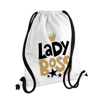Lady Boss, Τσάντα πλάτης πουγκί GYMBAG λευκή, με τσέπη (40x48cm) & χονδρά κορδόνια