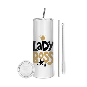 Lady Boss, Tumbler ποτήρι θερμό από ανοξείδωτο ατσάλι 600ml, με μεταλλικό καλαμάκι & βούρτσα καθαρισμού