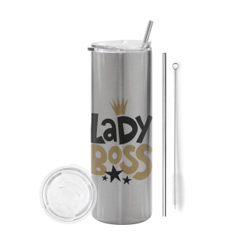 Lady Boss, Tumbler stainless steel Silver 600ml, with metal straw & cleaning brush