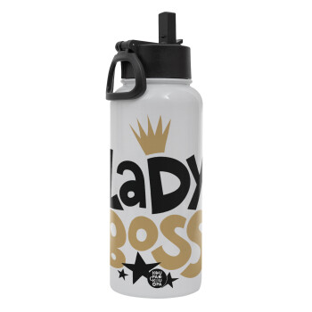 Lady Boss, Metal mug thermo White with Straw and Spout Lid (Stainless steel), double wall, 950ml