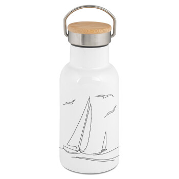 Ιστιοπλοΐα Sailing, Μεταλλικό παγούρι θερμός (Stainless steel) Λευκό με ξύλινο καπακι (bamboo), διπλού τοιχώματος, 350ml