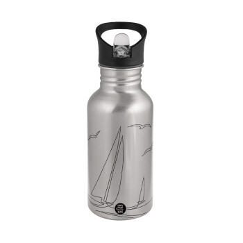 Sailing, Water bottle Silver with straw, stainless steel 500ml