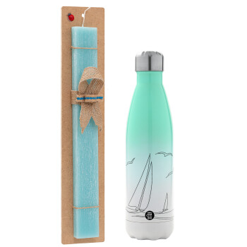 Sailing, Easter Set, Metallic green/white thermos (Stainless steel), double-walled, 500ml & scented flat Easter candle (30cm) (TURQUOISE)