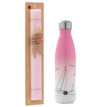 Sailing, Easter Set, Metallic pink/white (Stainless steel) thermos, double-walled, 500ml & aromatic flat Easter candle (30cm) (PINK)