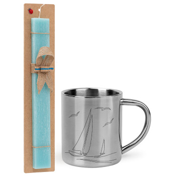 Sailing, Easter Set, metallic thermal cup (300ml) & aromatic flat Easter candle (30cm) (TURQUOISE)