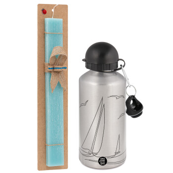 Sailing, Easter Set, metallic silver aluminum water bottle (500ml) & scented flat Easter candle (30cm) (TURQUOISE)