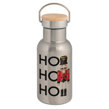 Nutcracker, Stainless steel metallic thermos flask, silver with a bamboo lid, double-walled, 350ml.