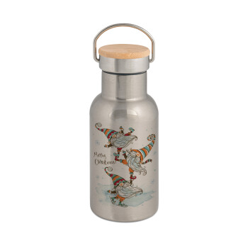 Christmas nordic gnomes, Stainless steel metallic thermos flask, silver with a bamboo lid, double-walled, 350ml.