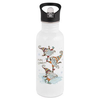 Christmas nordic gnomes, White water bottle with straw, stainless steel 600ml