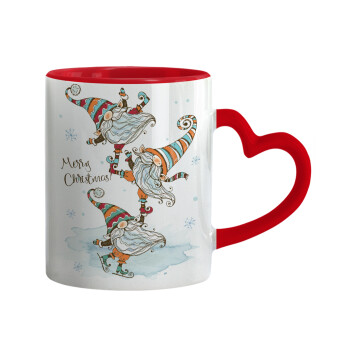 Christmas nordic gnomes, Mug heart red handle, ceramic, 330ml