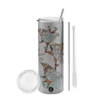 Christmas nordic gnomes, Eco friendly stainless steel Silver tumbler 600ml, with metal straw & cleaning brush
