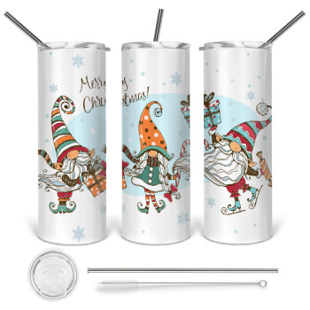 Christmas nordic gnomes, 360 Eco friendly stainless steel tumbler 600ml, with metal straw & cleaning brush