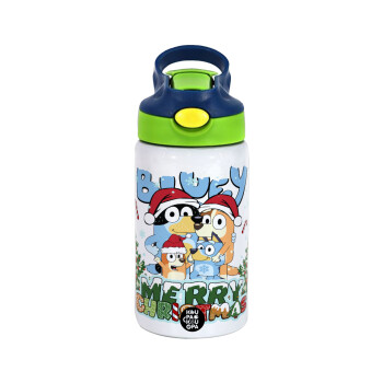 Bluey Merry Christmas, Children's hot water bottle, stainless steel, with safety straw, green, blue (350ml)
