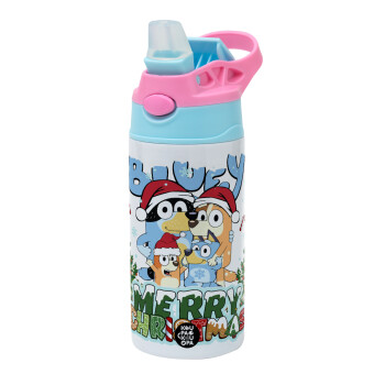 Bluey Merry Christmas, Children's hot water bottle, stainless steel, with safety straw, Pink/BlueCiel (360ml) BPA FREE