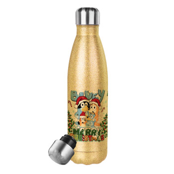 Bluey Merry Christmas, Glitter gold stainless steel thermos bottle, double-walled, 500ml