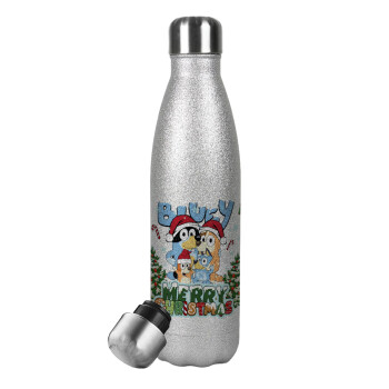 Bluey Merry Christmas, Metallic Glitter Silver Thermos Flask (Stainless steel), double-walled, 500ml