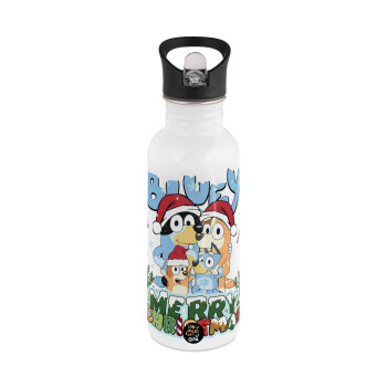 Bluey Merry Christmas, White water bottle with straw, stainless steel 600ml