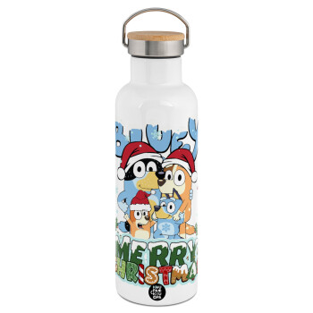 Bluey Merry Christmas, Stainless steel White with wooden lid (bamboo), double wall, 750ml