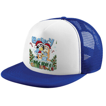 Bluey Merry Christmas, Adult Soft Trucker Hat with Blue/White Mesh (POLYESTER, ADULT, UNISEX, ONE SIZE)